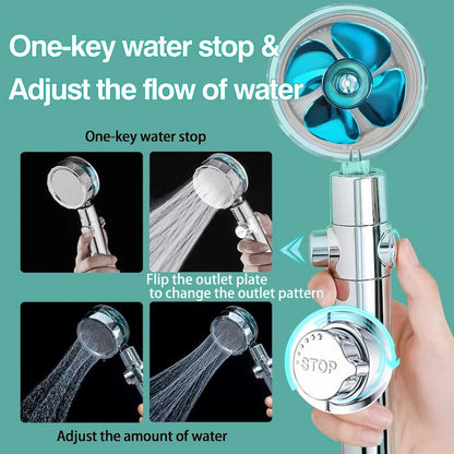 High Pressure Shower Head Water Saving 360 Degrees Rotating With Small Fan ABS Rain Spray